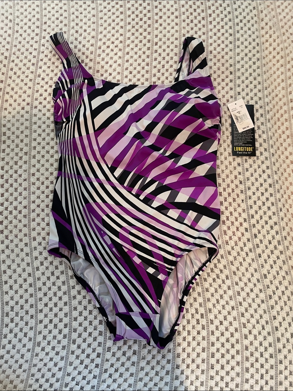 NWT Longitude One Piece Swimsuit Size 14 Purple Black Tummy Control